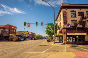 Street view with stores and hotels in Kalispell, Montana